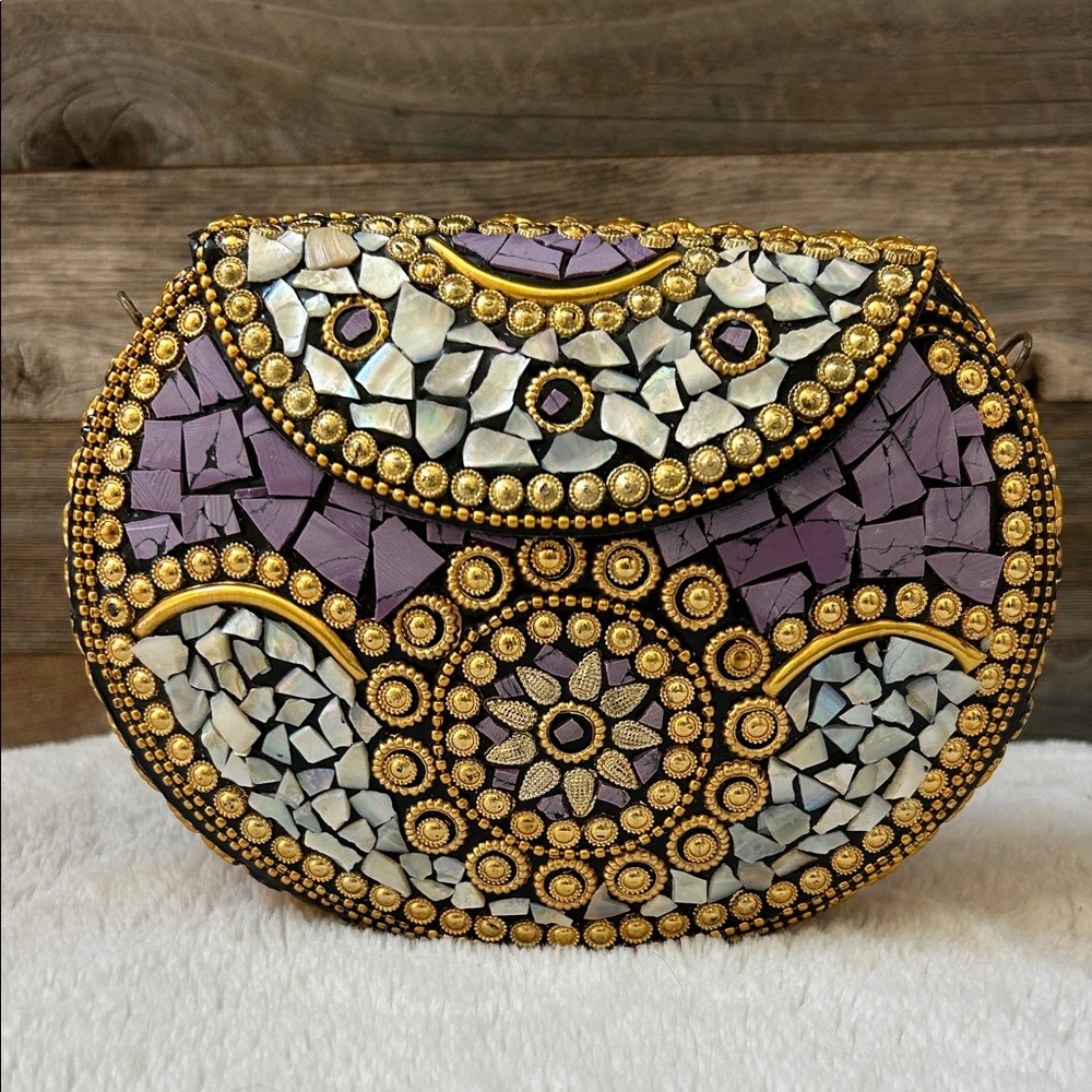 Ramla Beverly Hills Mosaic Handmade Beaded Purple Clutch Brand New with Chain